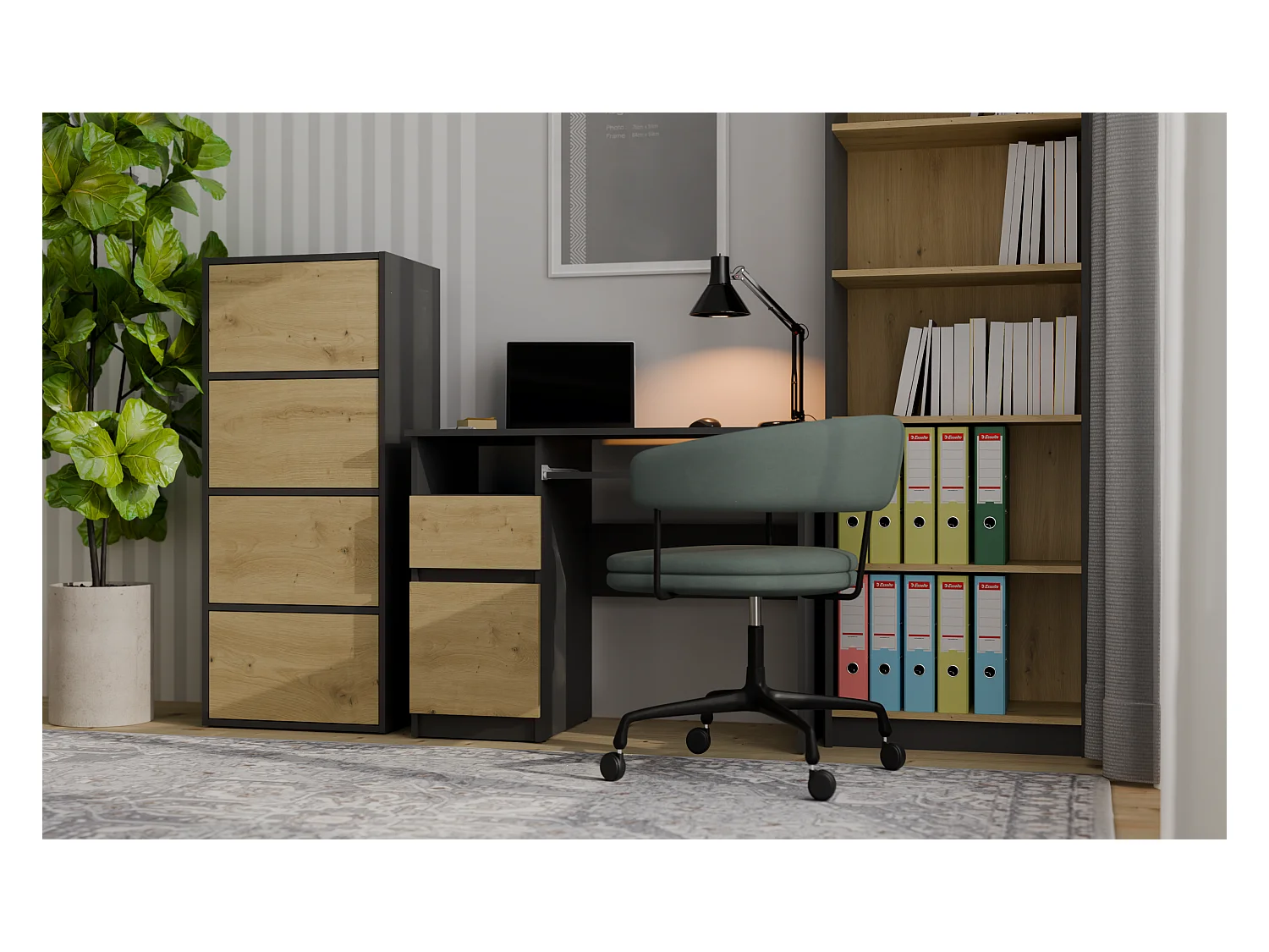 ALMA - Commode haute de rangement 4 portes avec ouverture tip-on - Anthracite et chêne artisan