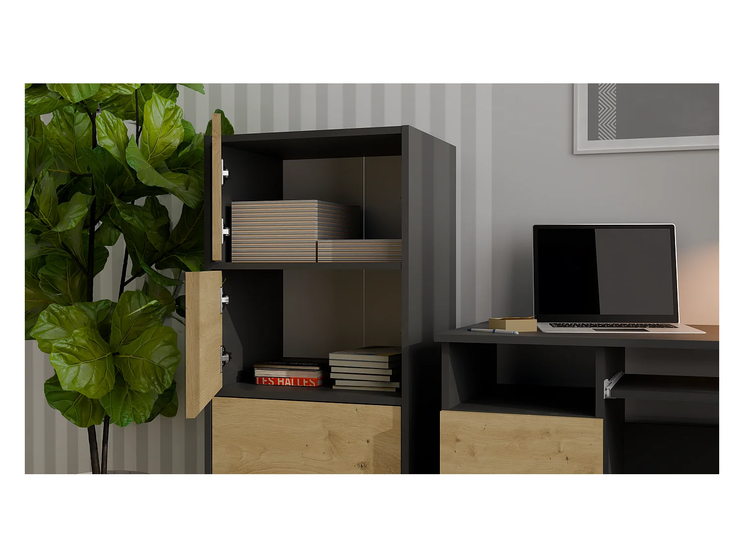 ALMA - Commode haute de rangement 4 portes avec ouverture tip-on - Anthracite et chêne artisan