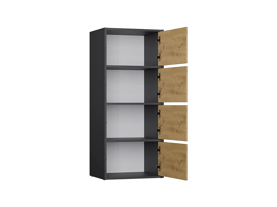 ALMA - Commode haute de rangement 4 portes avec ouverture tip-on - Anthracite et chêne artisan