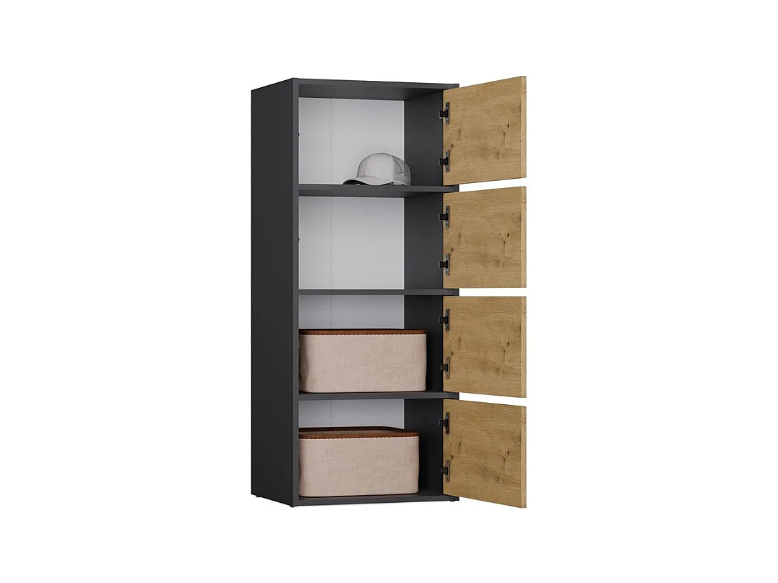 ALMA - Commode haute de rangement 4 portes avec ouverture tip-on - Anthracite et chêne artisan
