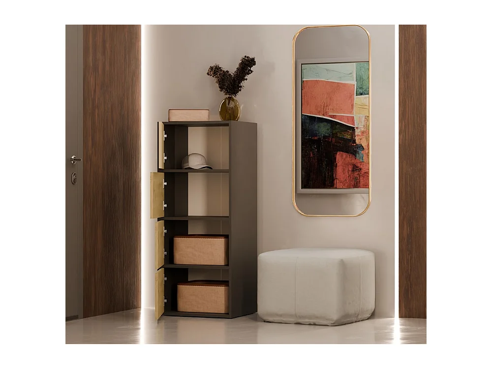 ALMA - Cómoda alta de almacenamiento con 4 puertas con apertura tip-on - Antracita y roble artesanal