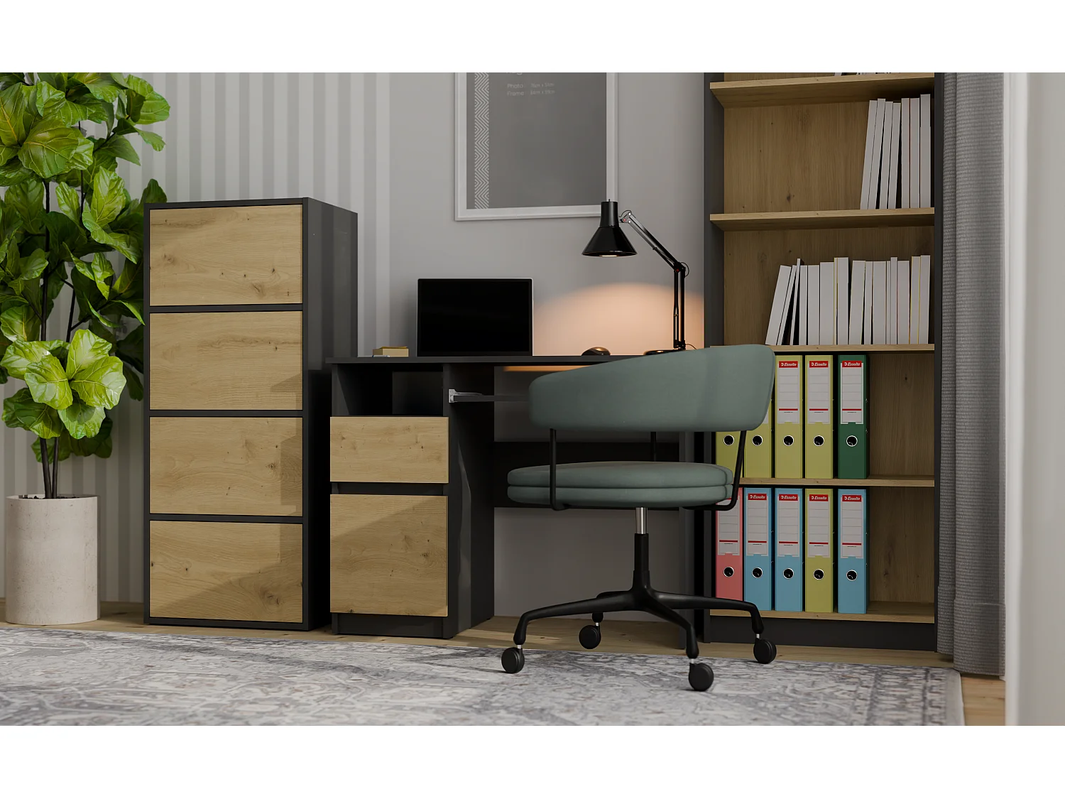 Komoda ALMA 4D | Antracyt/ Dąb Artisan | 50x40x119 cm | 4 Półki