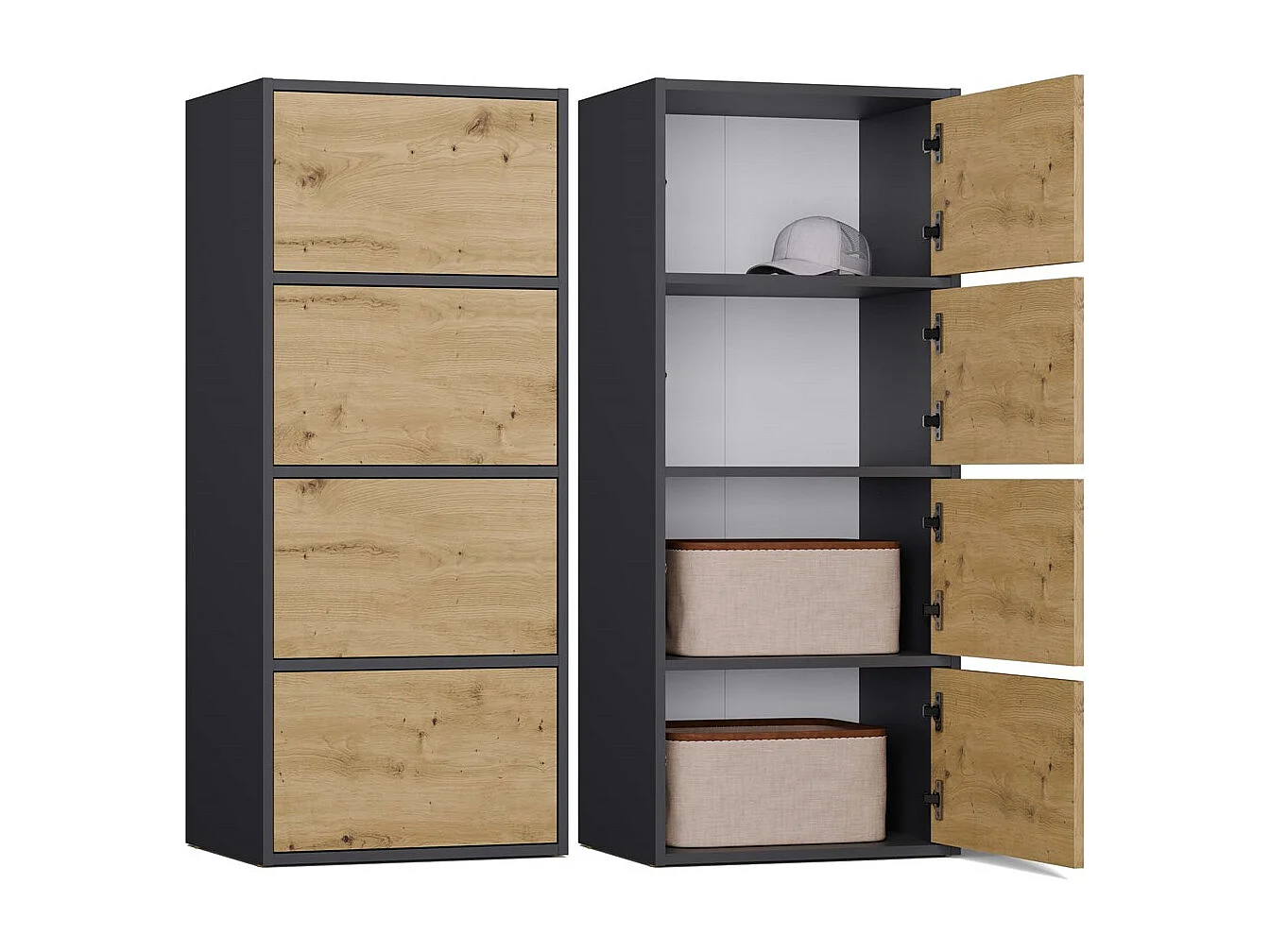 ALMA - Commode - 4 portes pour chambre à coucher - 50x119x40 cm - Anthracite / Chêne Artisan