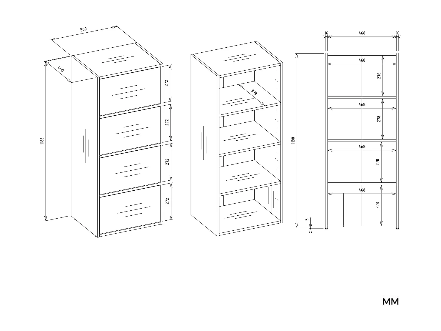 ALMA - Commode - 4 portes pour chambre à coucher - 50x119x40 cm - Anthracite / Chêne Artisan