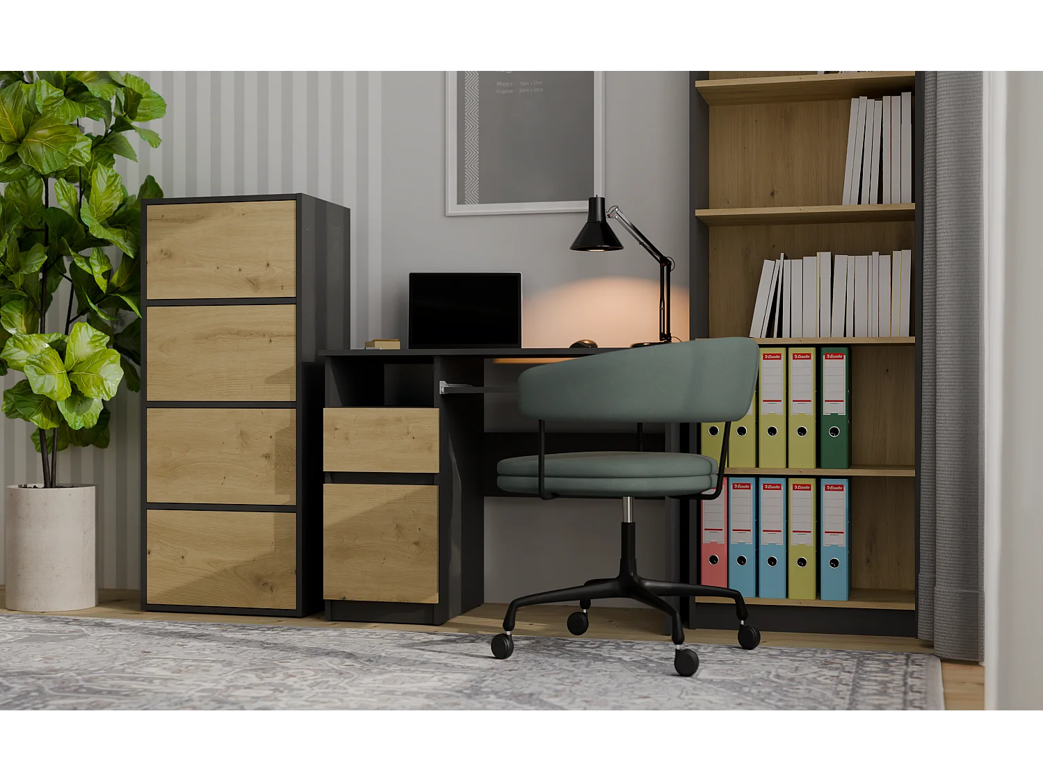 ALMA - Cómoda alta de almacenamiento con 4 puertas con apertura tip-on - Antracita y roble artesanal