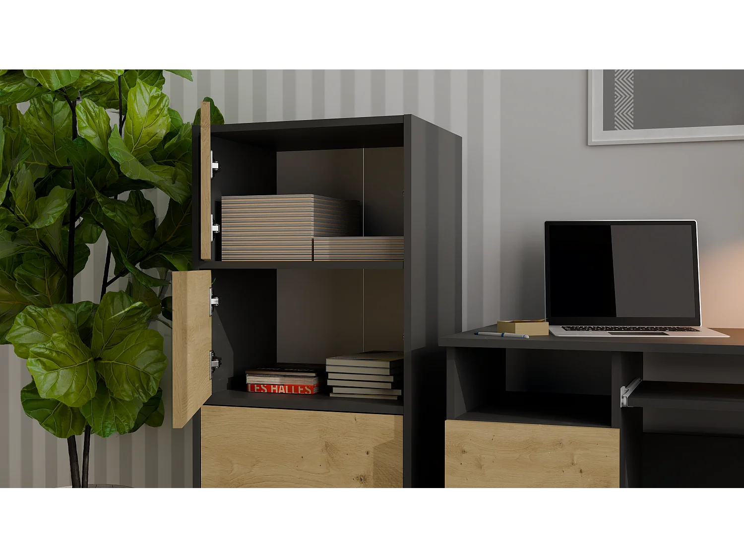 ALMA - Cómoda alta de almacenamiento con 4 puertas con apertura tip-on - Antracita y roble artesanal