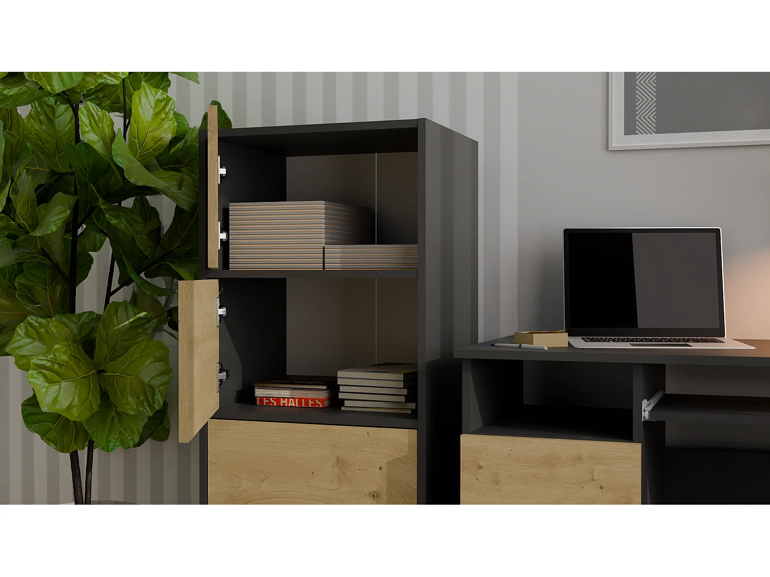 ALMA - Commode - 4 portes pour chambre à coucher - 50x119x40 cm - Anthracite / Chêne Artisan