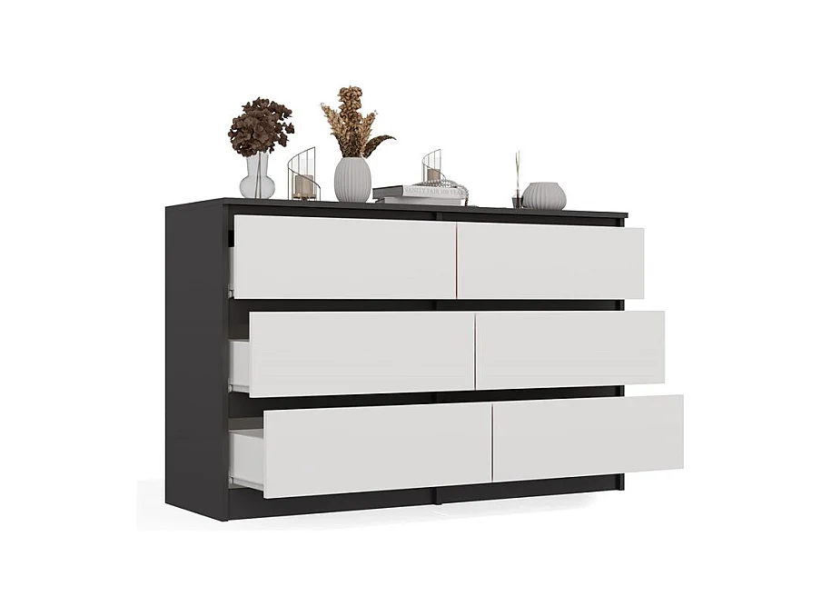MILAN - Commode de chambre large 6 tiroirs - 30x120x75cm - Meuble de rangement - Anthracite et blanc