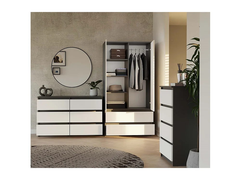 MILAN - Commode de chambre large 6 tiroirs - 30x120x75cm - Meuble de rangement - Anthracite et blanc