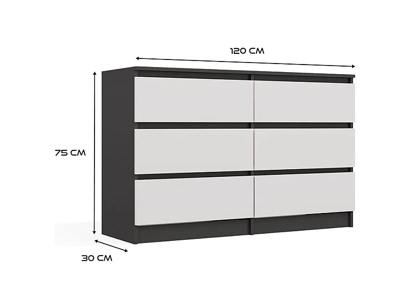 MILAN - Commode de chambre large 6 tiroirs - 30x120x75cm - Meuble de rangement - Anthracite et blanc