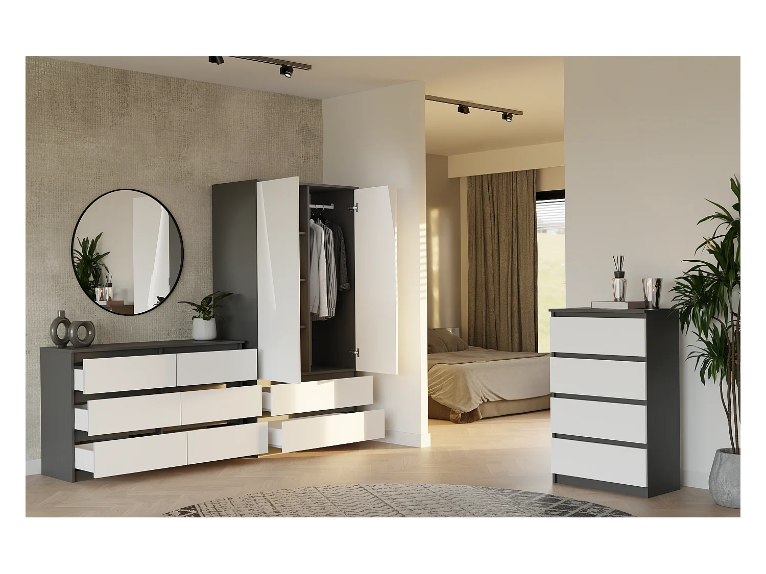 MILAN - Commode de chambre large 6 tiroirs - 30x120x75cm - Meuble de rangement - Anthracite et blanc