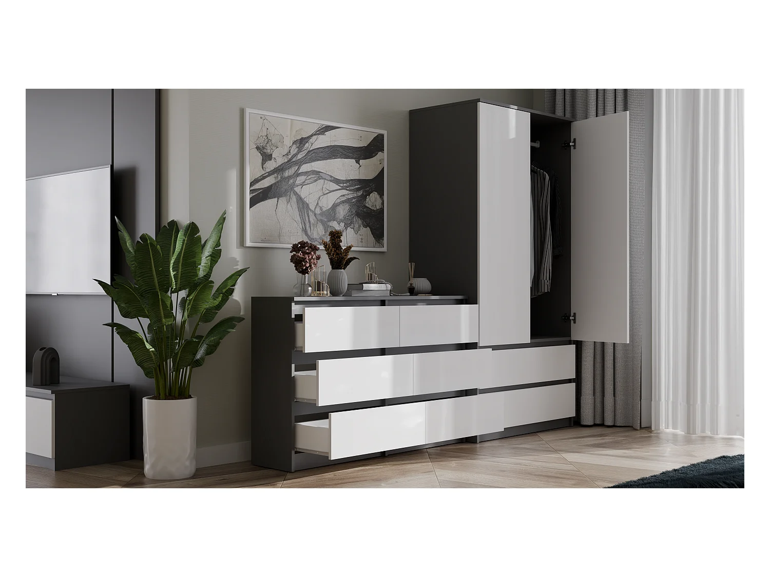 MILAN - Commode de chambre large 6 tiroirs - 30x120x75cm - Meuble de rangement - Anthracite et blanc