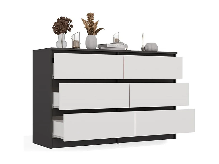 MILAN - Commode de chambre large 6 tiroirs - 30x120x75cm - Meuble de rangement - Anthracite et blanc
