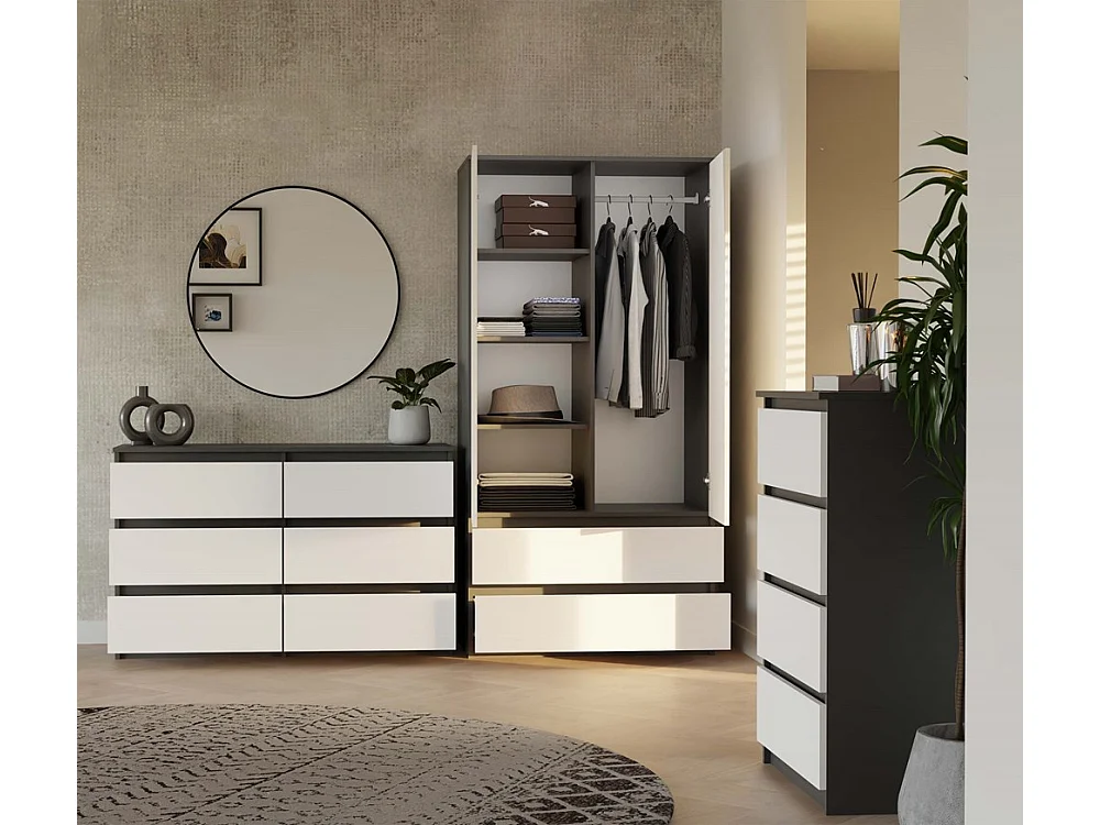 MILAN - Commode de chambre large 6 tiroirs - 30x120x75cm - Meuble de rangement - Anthracite et blanc