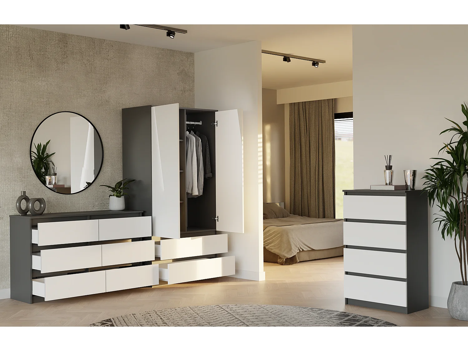 MILAN - Commode de chambre large 6 tiroirs - 30x120x75cm - Meuble de rangement - Anthracite et blanc