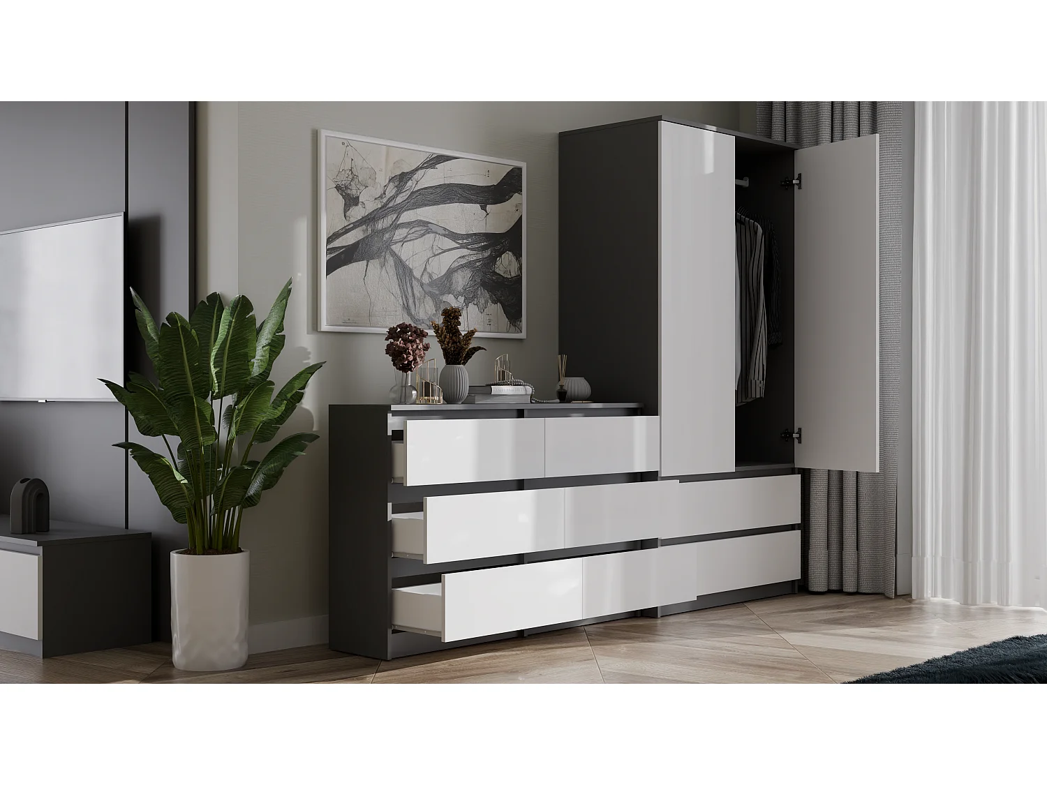 MILAN - Commode de chambre large 6 tiroirs - 30x120x75cm - Meuble de rangement - Anthracite et blanc