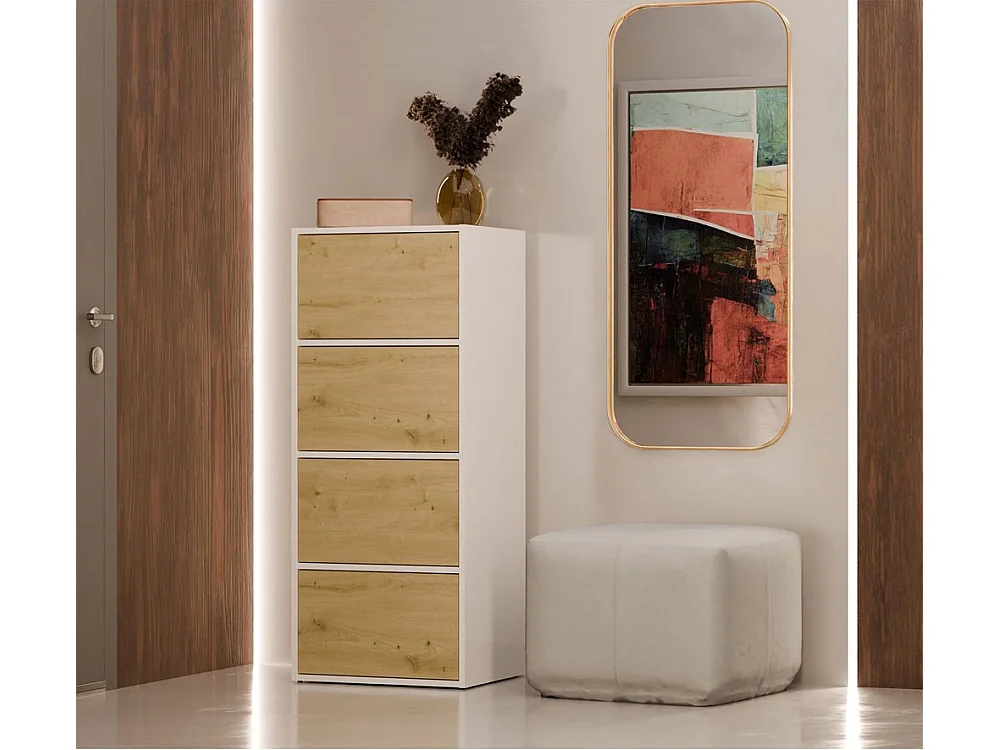 ALMA - Commode 4 portes pour chambre à coucher - 50x119x40 cm -  Blanc / Chêne Artisan