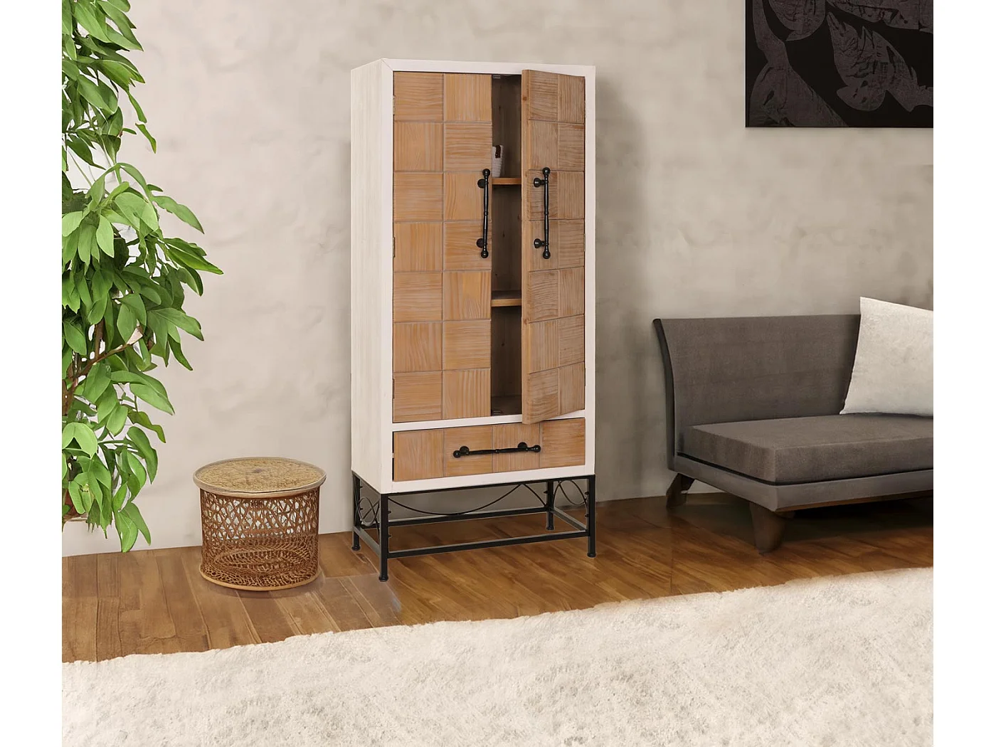 Hochschrank MCW-N30, Schrank Bücherschrank Wohnzimmerschrank mit Türen und Schublade, Massiv-Holz MDF, 167x72x41cm