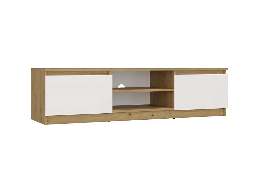 TIVOLI - Meuble TV style moderne - 140x40x36cm - 2 niches + 2 portes - Blanc et artisan