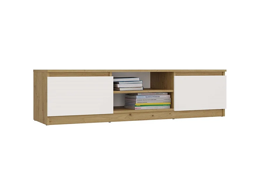 TIVOLI - Meuble TV style moderne - 140x40x36cm - 2 niches + 2 portes - Blanc et artisan