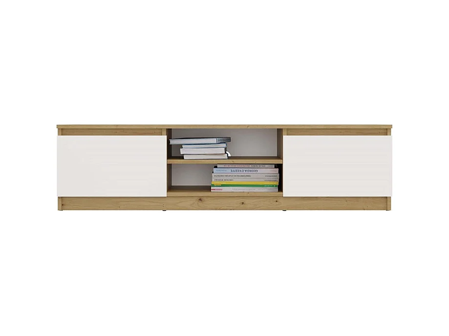 TIVOLI - Meuble TV style moderne - 140x40x36cm - 2 niches + 2 portes - Blanc et artisan