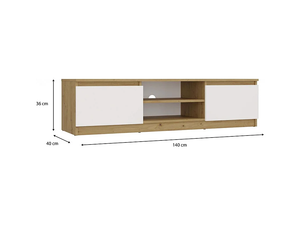 TIVOLI - Meuble TV style moderne - 140x40x36cm - 2 niches + 2 portes - Blanc et artisan