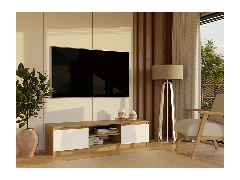 TIVOLI - Meuble TV style moderne - 140x40x36cm - 2 niches + 2 portes - Blanc et artisan
