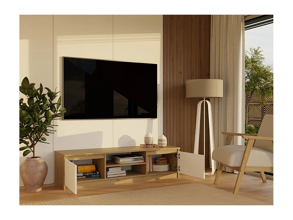 TIVOLI - Meuble TV style moderne - 140x40x36cm - 2 niches + 2 portes - Blanc et artisan