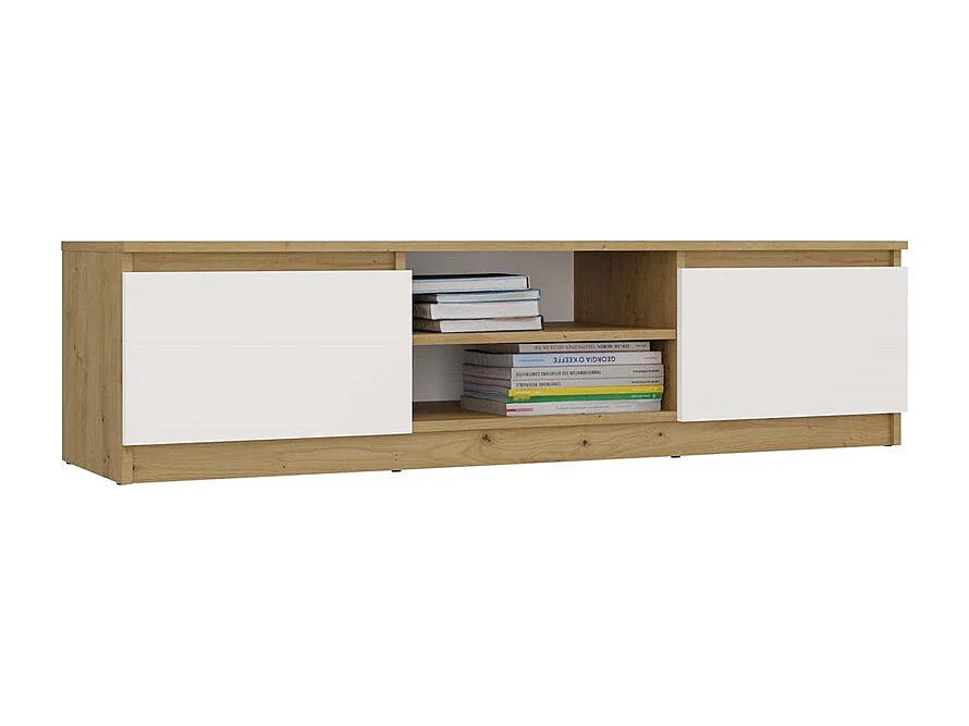 TIVOLI - Meuble TV style moderne - 140x40x36cm - 2 niches + 2 portes - Blanc et artisan