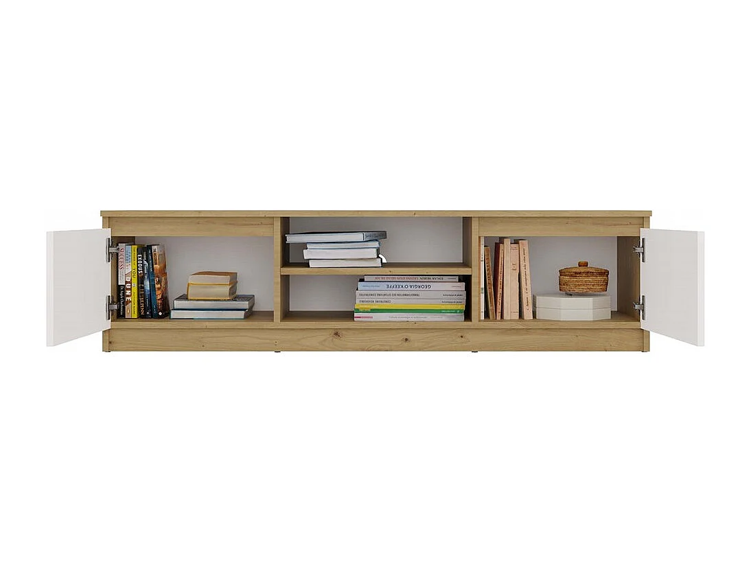 TIVOLI - Meuble TV style moderne - 140x40x36cm - 2 niches + 2 portes - Blanc et artisan
