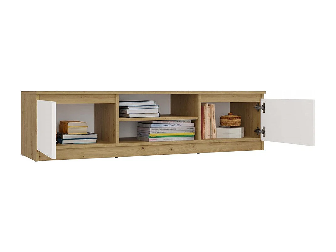 TIVOLI - Meuble TV style moderne - 140x40x36cm - 2 niches + 2 portes - Blanc et artisan