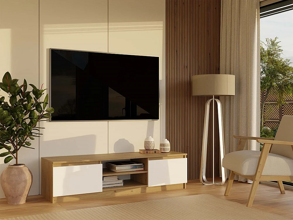 TIVOLI - Meuble TV style moderne - 140x40x36cm - 2 niches + 2 portes - Blanc et artisan