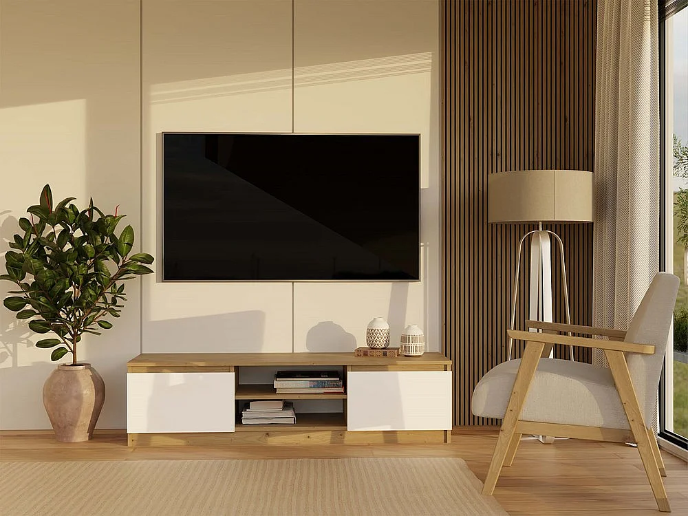 TIVOLI - Meuble TV style moderne - 140x40x36cm - 2 niches + 2 portes - Blanc et artisan