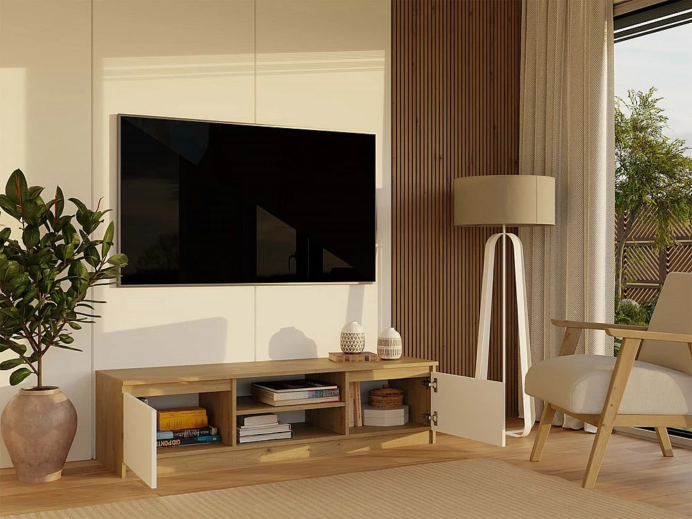 TIVOLI - Meuble TV style moderne - 140x40x36cm - 2 niches + 2 portes - Blanc et artisan