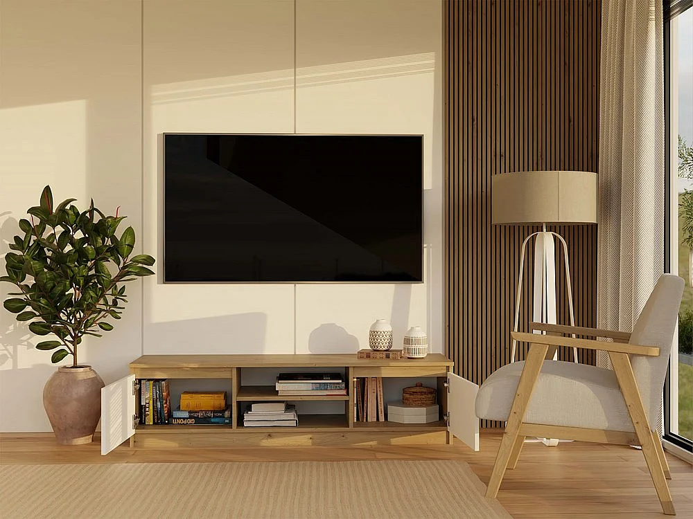 TIVOLI - Meuble TV style moderne - 140x40x36cm - 2 niches + 2 portes - Blanc et artisan