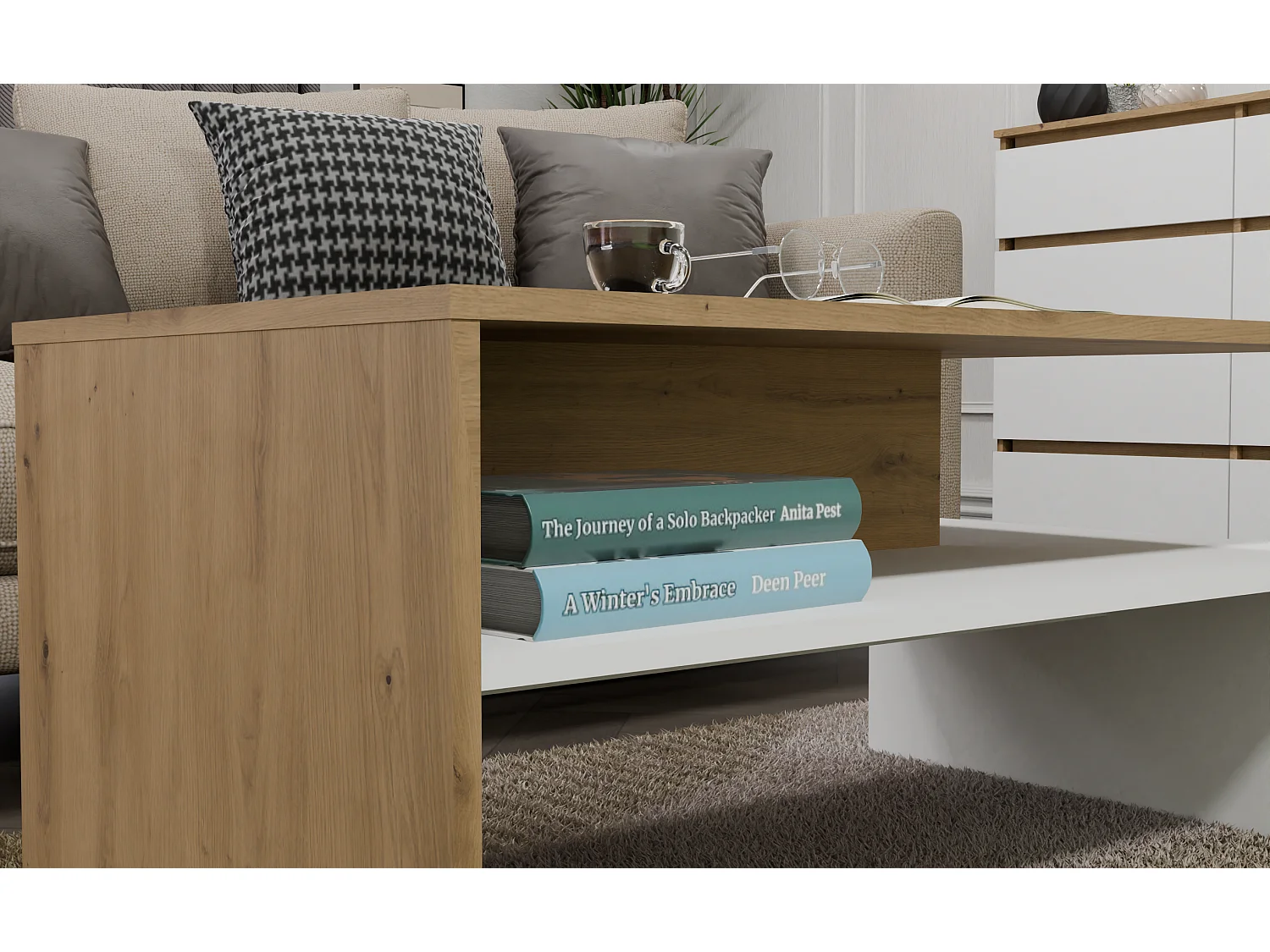 Ława Boston Dąb Artisan Biały | 90x60x45 cm | Nowoczesny Stolik Kawowy