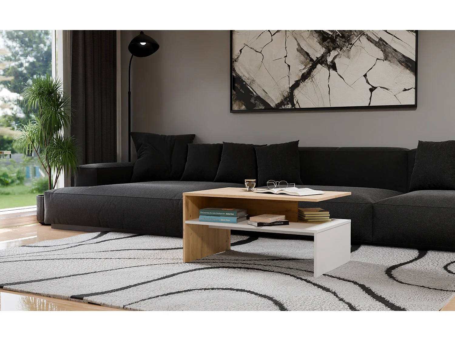 Ława Boston Dąb Artisan Biały | 90x60x45 cm | Nowoczesny Stolik Kawowy