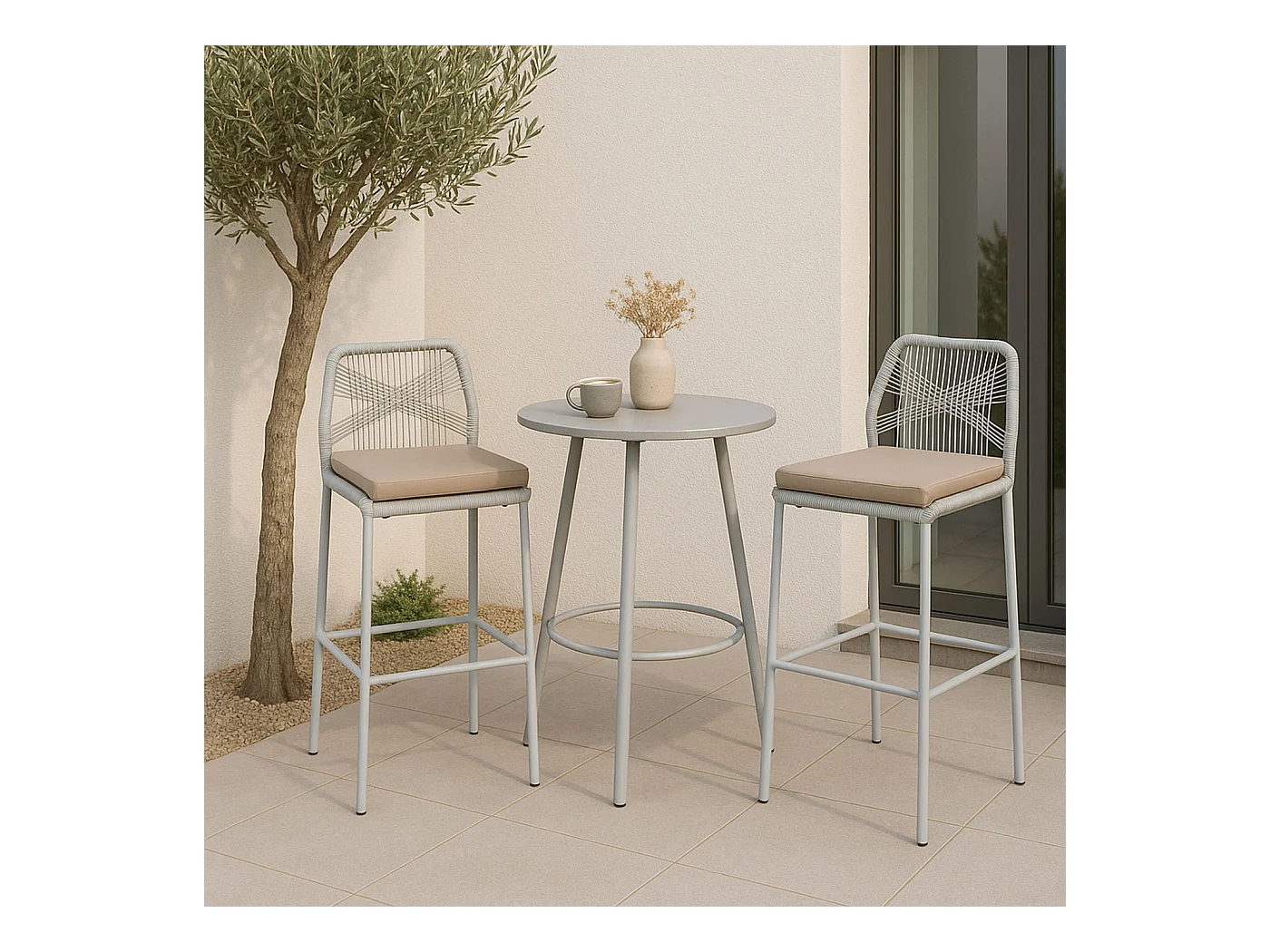 Tabouret de bar MCW-O21 (lot de 2),  gris clair, coussin taupe