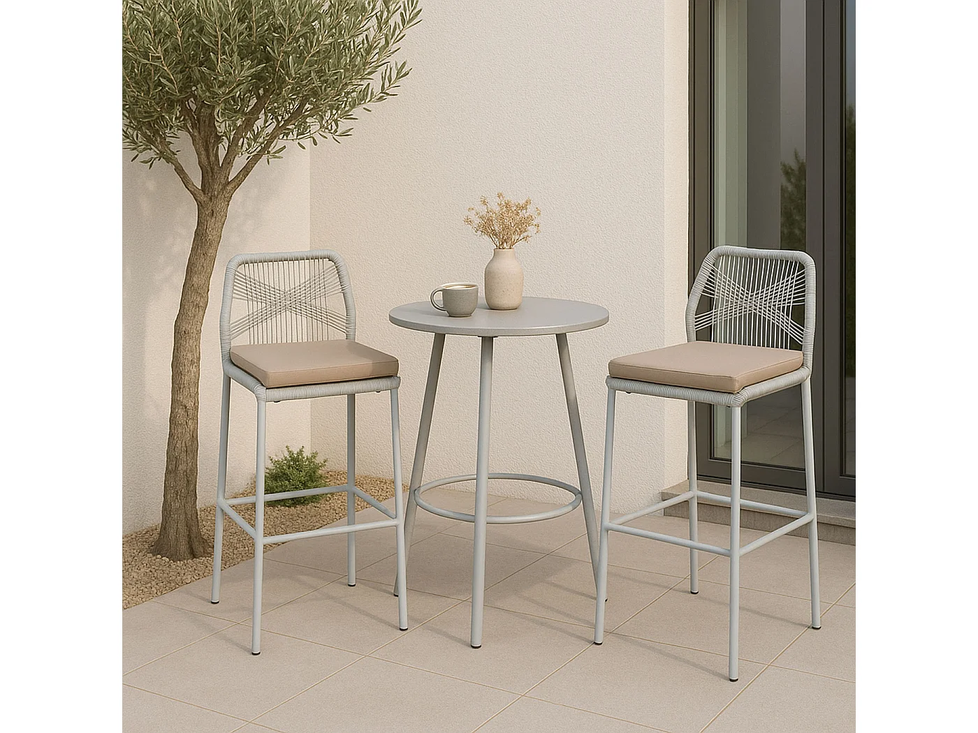 Tabouret de bar MCW-O21 (lot de 2),  gris clair, coussin taupe
