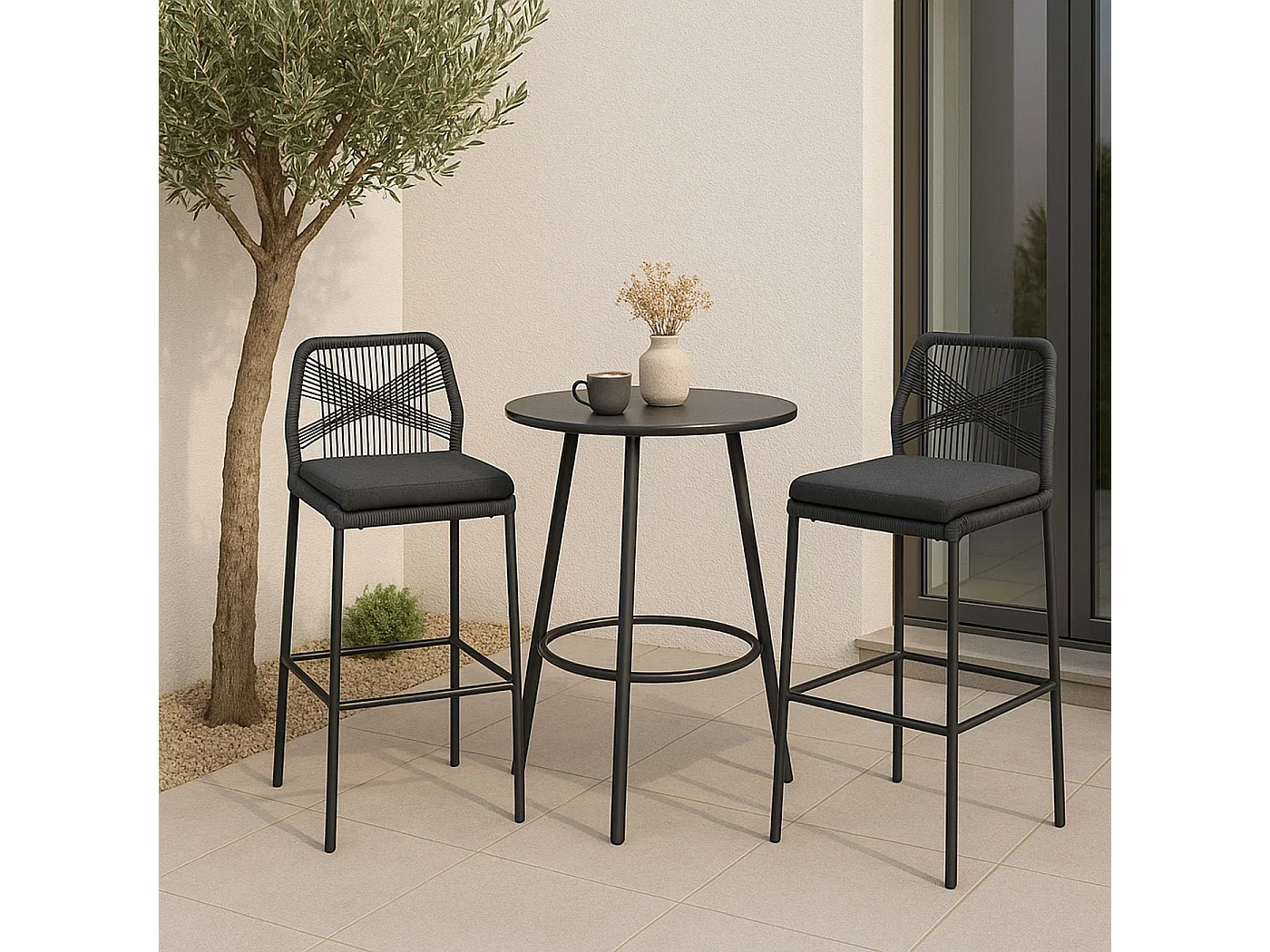 Tabouret de bar MCW-O21 (lot de 2),  anthracite, coussin gris foncé