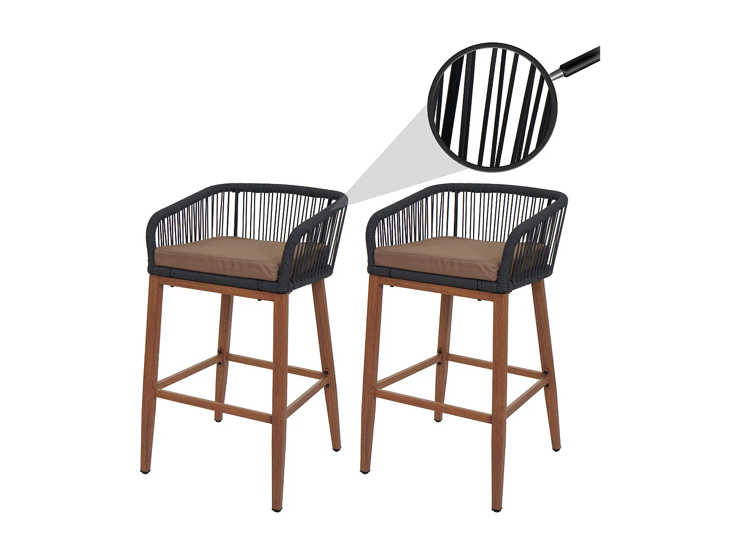 Tabouret de bar MCW-O22 (lot de 2),  anthracite, coussin taupe