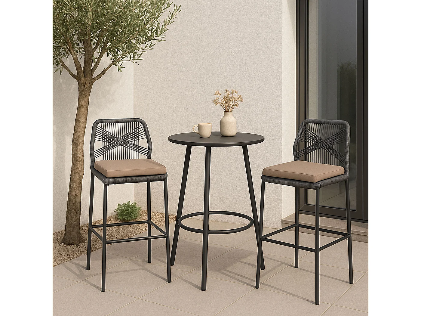 Tabouret de bar MCW-O21 (lot de 2),  anthracite, coussin taupe