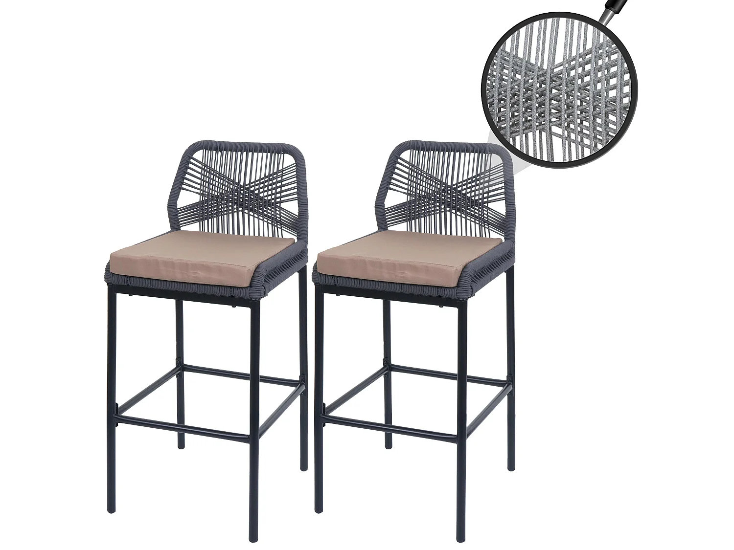 Tabouret de bar MCW-O21 (lot de 2),  anthracite, coussin taupe
