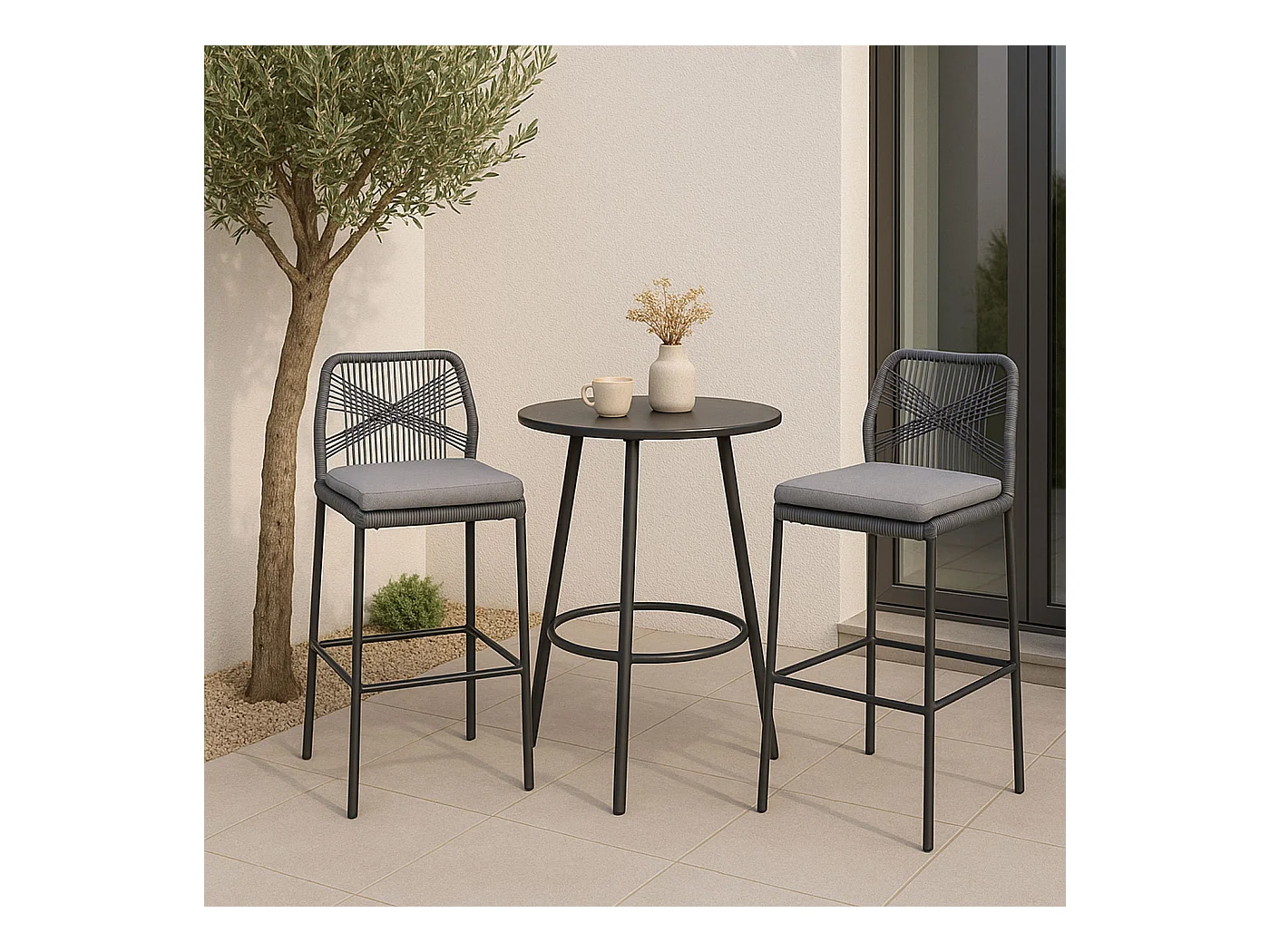 Tabouret de bar MCW-O21 (lot de 2),  anthracite, coussin gris clair