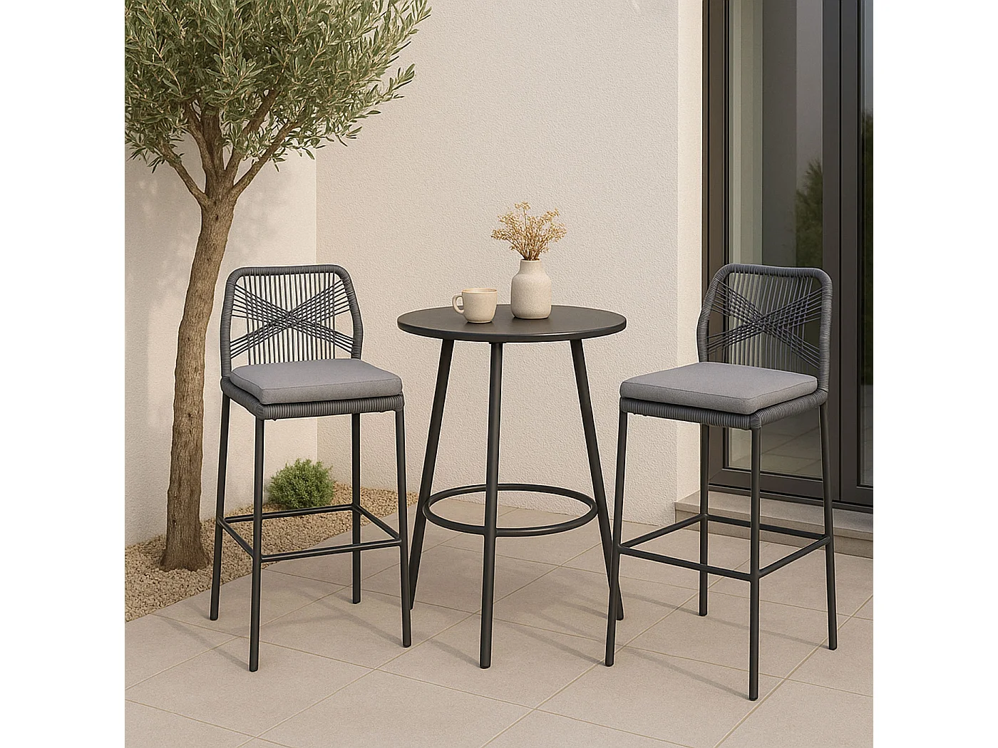 Tabouret de bar MCW-O21 (lot de 2),  anthracite, coussin gris clair