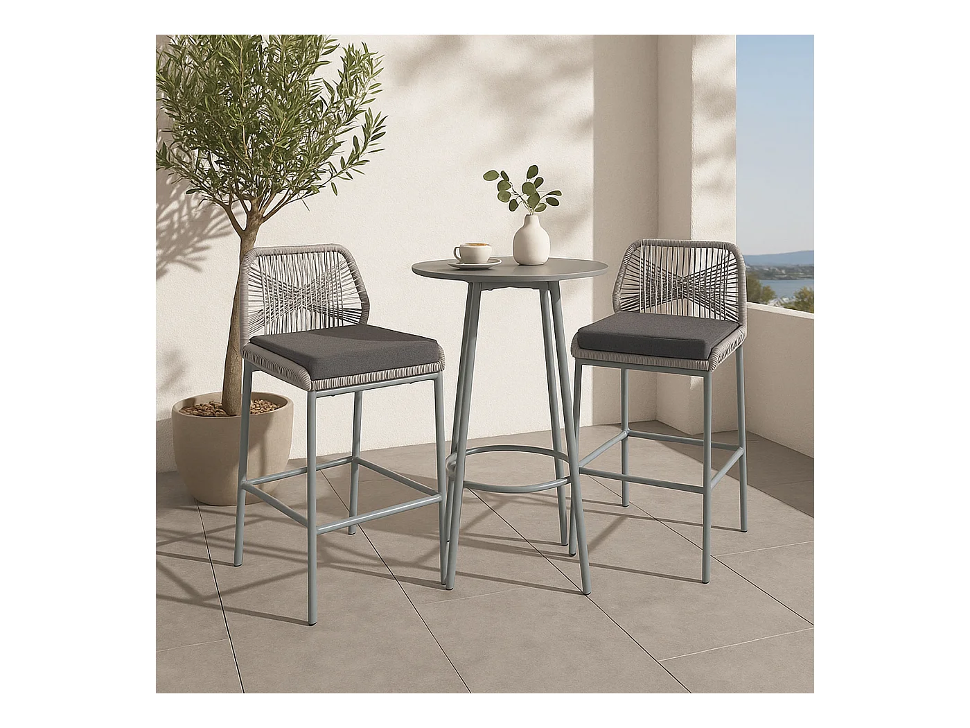 Barhocker MCW-O21 (2er-Set), Hellgrau, Kissen dunkelgrau