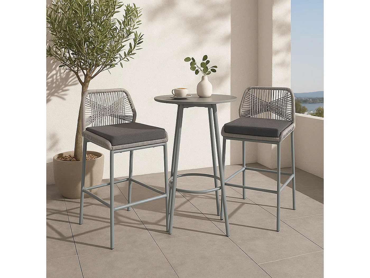 Tabouret de bar MCW-O21 (lot de 2),  gris clair, coussin gris foncé