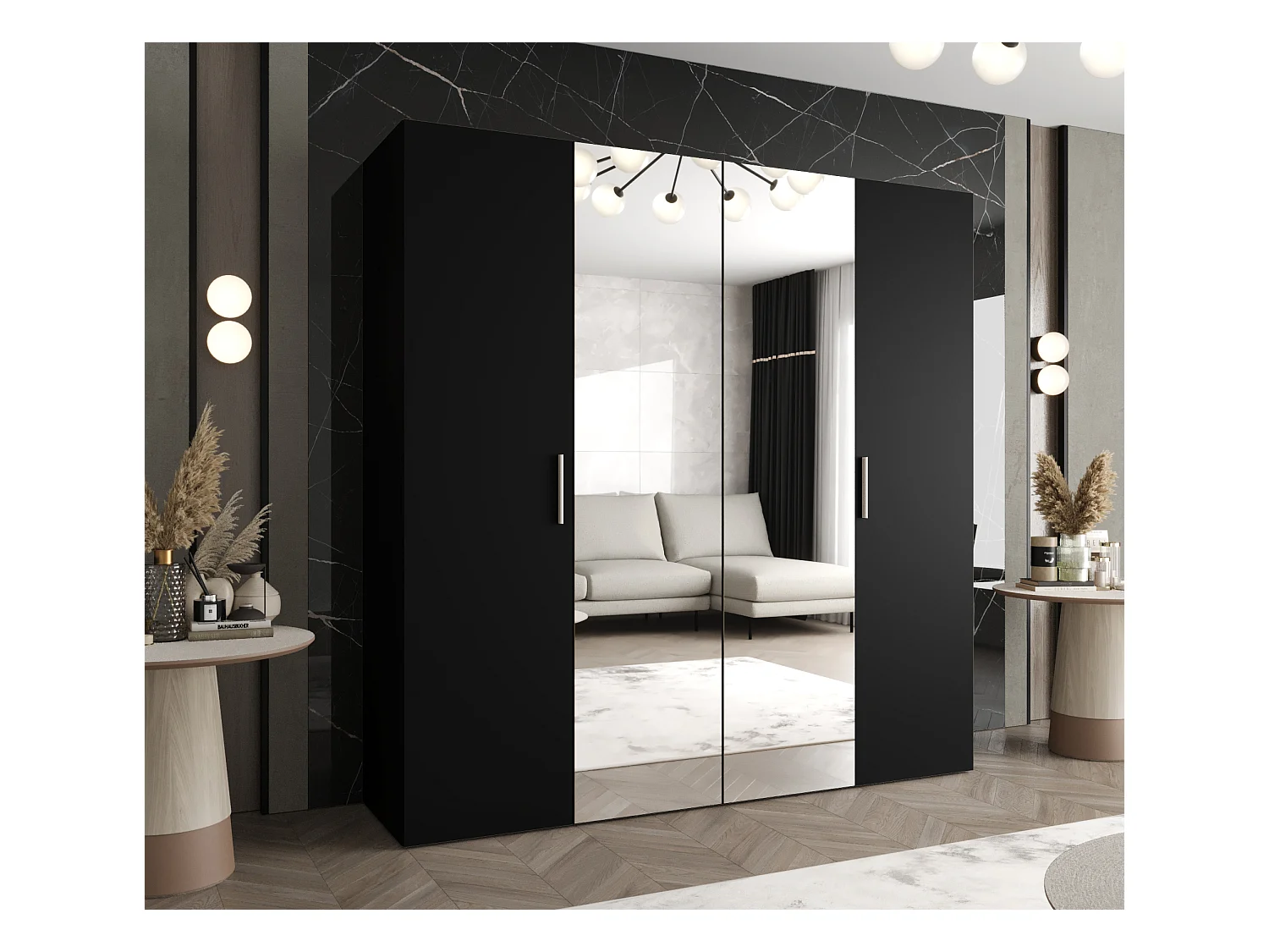 Drehtürenschrank Bari 2 202/200/52 4-türig (Schwarz|Silber)