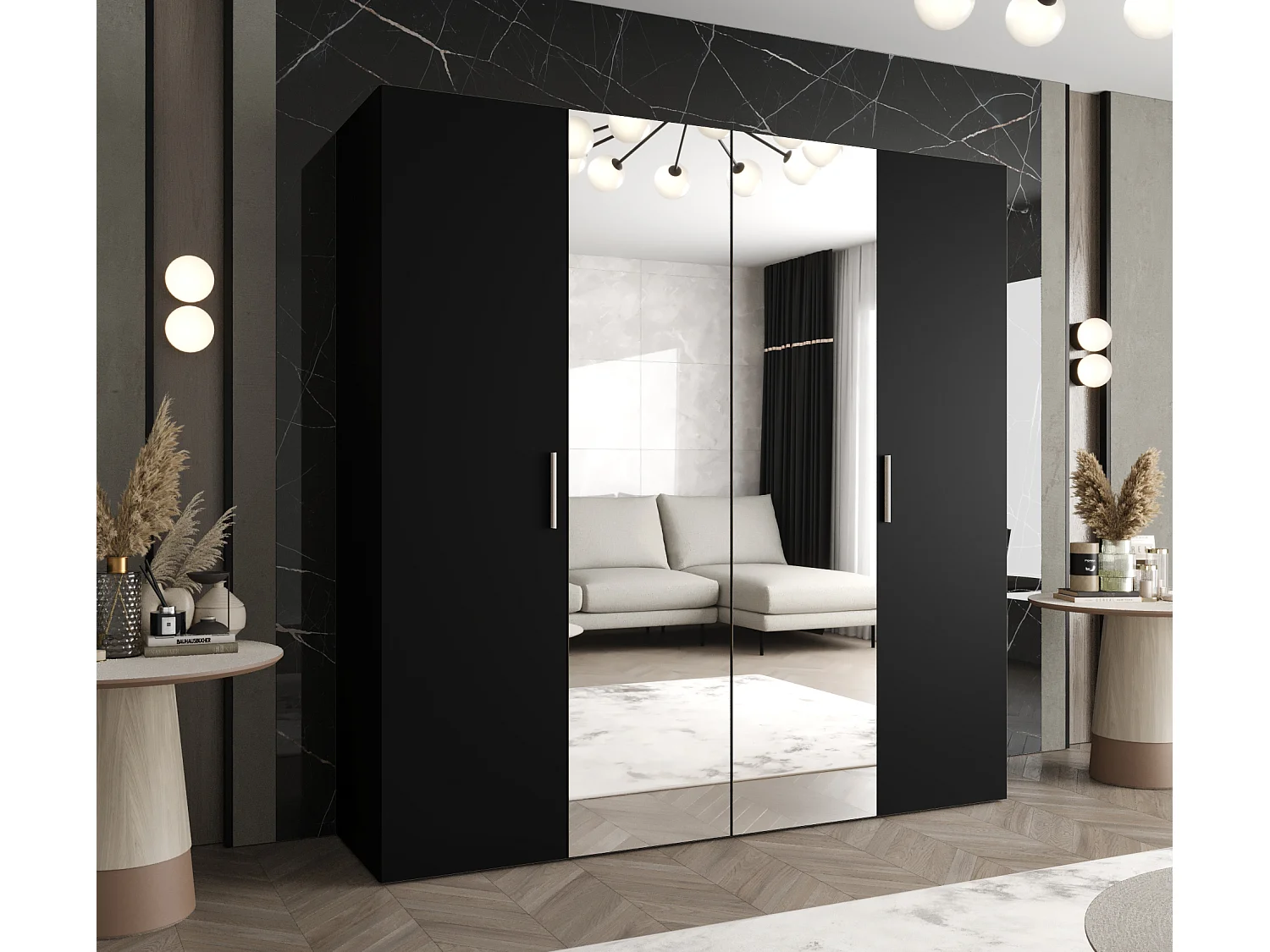 Drehtürenschrank Bari 2 202/200/52 4-türig (Schwarz|Silber)