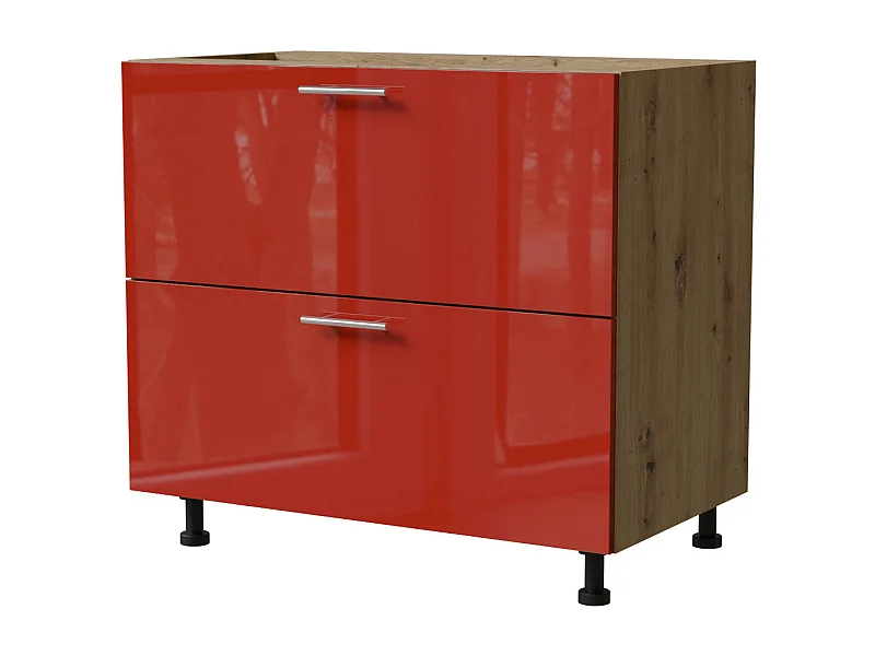 SCHUBLADENUNTERSCHRANK Brerra D2M/90 Korpus eiche artisan / Front RAL 3002 karminrot Hochglanz 90 / 50 / 82cm